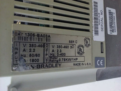 ALLEN BRADLEY 1305-BA03A SER. C, AC DRIVE, INPUT: 380/460V, 2.2A, 50/60HZ, PARTS