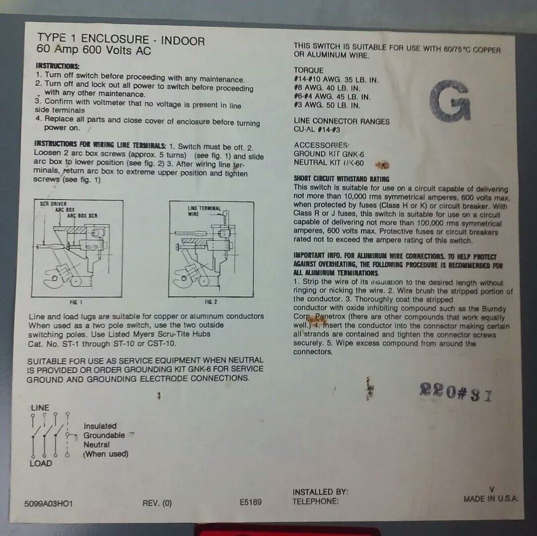 WESTINGHOUSE, HUN362, SAFETY SWITCH, 60A, 600V, 3P, TYPE 1 INDOOR, MISSING PARTS