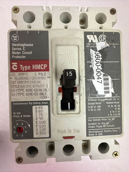 WESTINGHOUSE HMCP015E0C SER C 3P 15AMP 600VAC 250VDC 6630C87G07 C MOTOR CIRCUIT