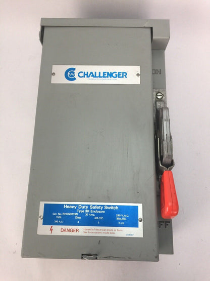 CHALLENGER RHDN321SN HEAVY DUTY SAFETY SWITCH 240VAC 30AMP 3PH 7-1/2HP RAINPROOF