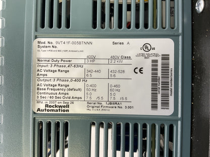 ROCKWELL AUTOMATION 9VT41F-005BTNNN AC DRIVE SERIES A 400V 3HP FIRMWARE NO 3.001