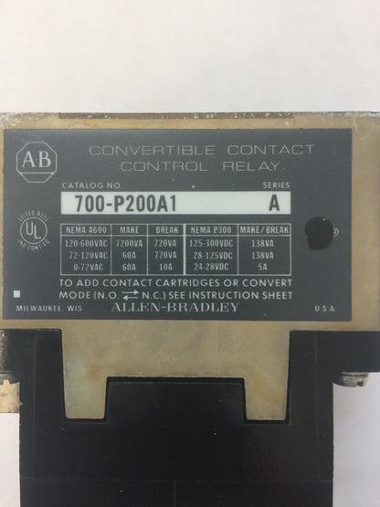 ALLEN BRADLEY 700-P200A1 AC RELAY 115-120V 60HZ 110V 50HZ SER A 2 POLE 2 N.O.