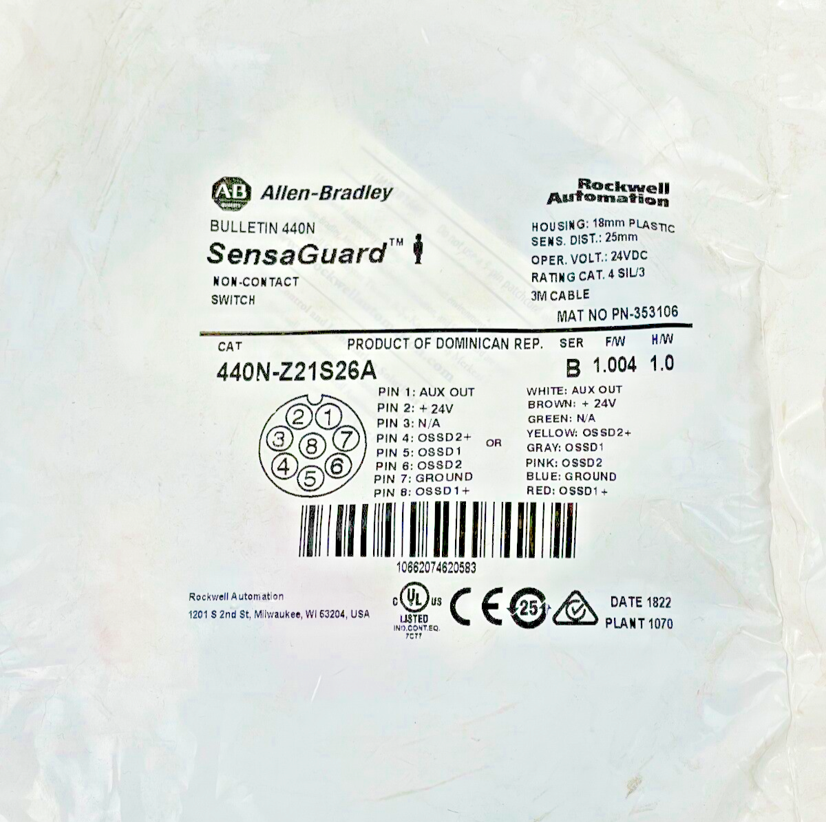 ALLEN BRADLEY - 440N-Z21S26A - SENSAGUARD - NON-CONTACT SWITCH - 24V - 8 PIN