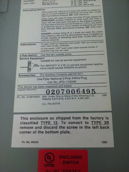 PYLE NATIONAL WFRS-6036 SAFETY SWITCH 3P 60A 600V 50HP TYPE 3R/12 RAINPROOF