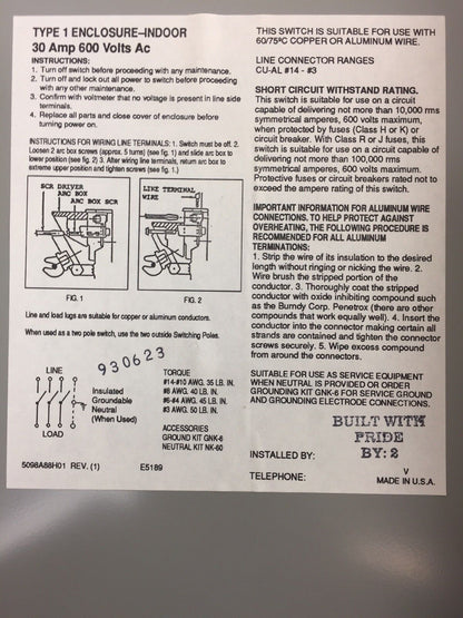 WESTINGHOUSE HUN361 30 AMPS 600 VAC 3 POLES NON-FUSIBLE SAFETY SWITCH