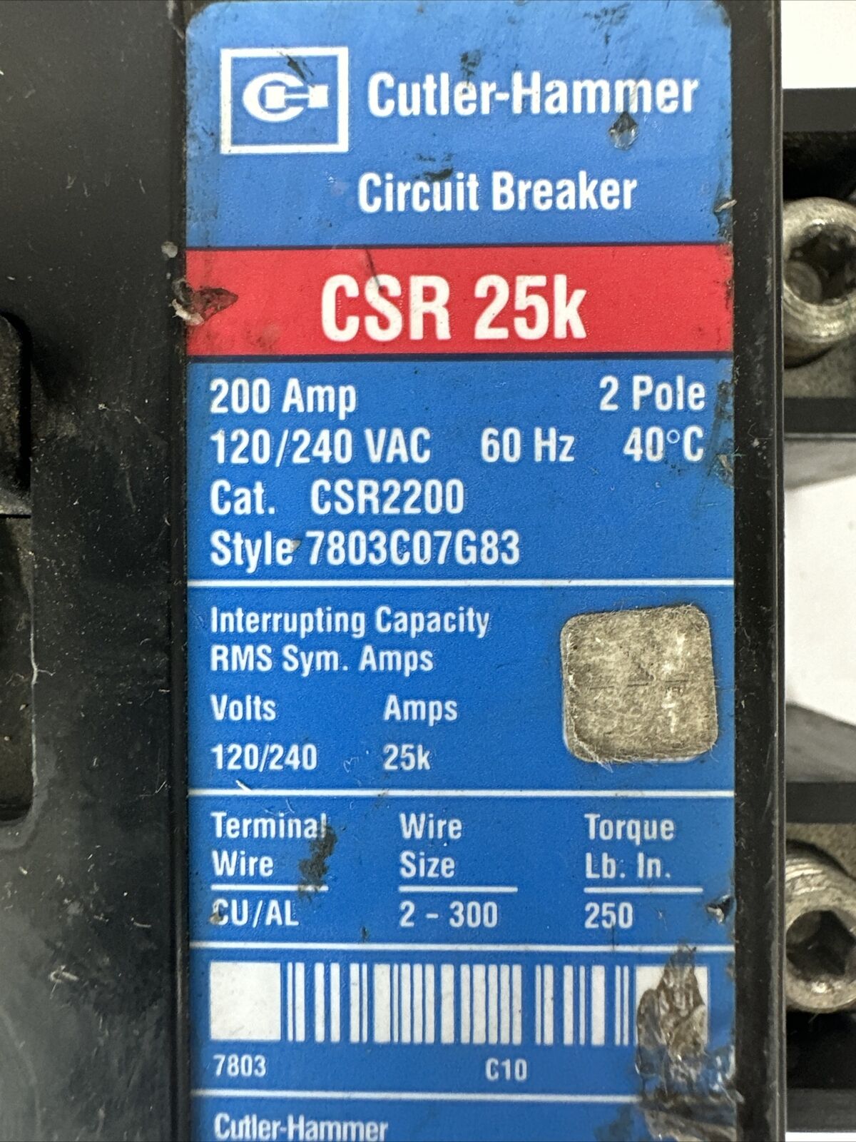 CUTLER HAMMER CSR2200 200AMP 2POLE 120/240VAC 7803C07G83 CIRCUIT BREAKER