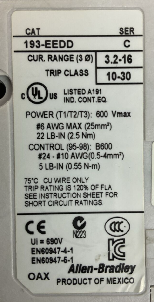 ALLEN BRADLEY STARTER (300-BOE*930 SER B 600VAC 27A 10HP+193-EEDD SER C+100-S)