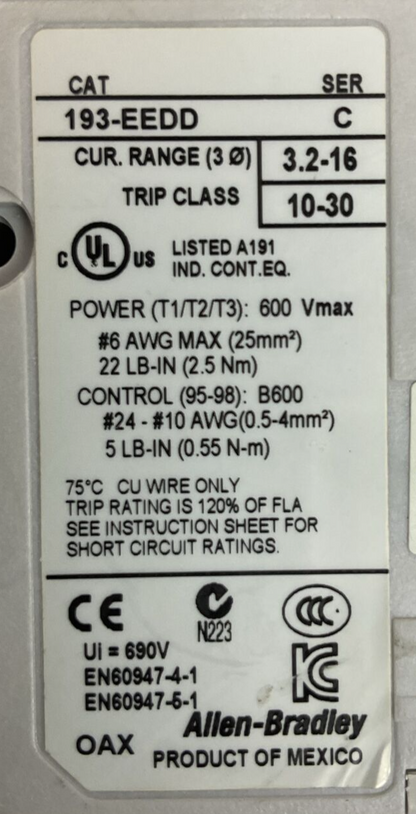 ALLEN BRADLEY STARTER (300-BOE*930 SER B 600VAC 27A 10HP+193-EEDD SER C+100-S)