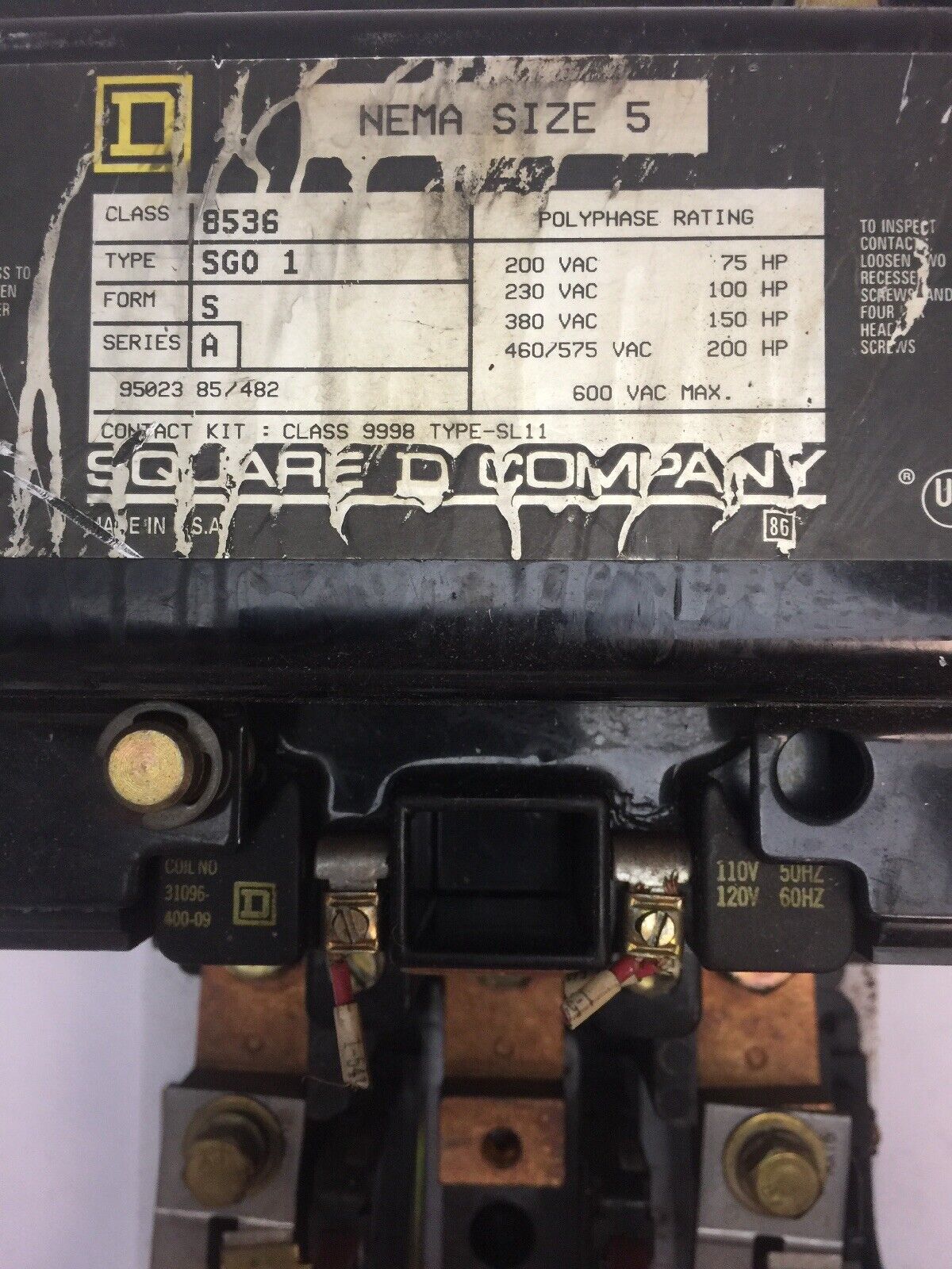 SQUARE D 8536 SG01 SIZE 5 STARTER 600 VAC 200 HP 31096-400-09 COIL 120V 60HZ