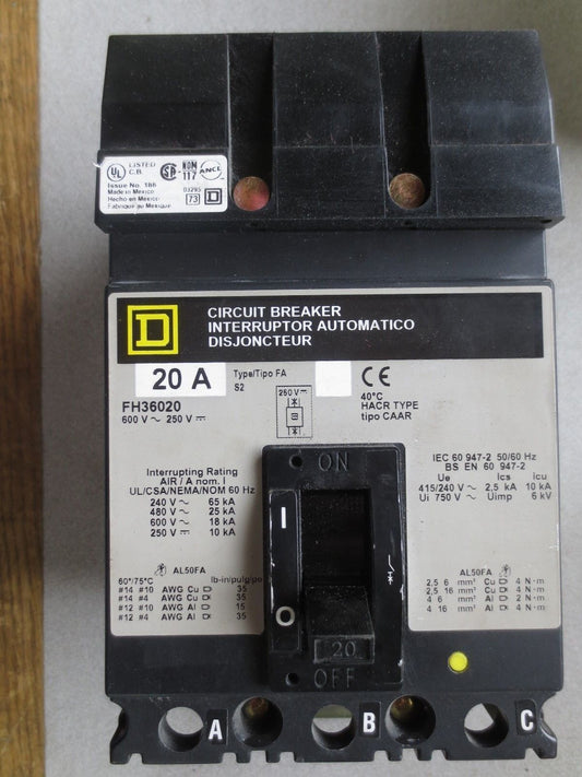 SQUARE D FH36020 MOLDED CASE CIRCUIT BREAKER - 20A, 600VAC - USED,