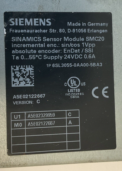 SIEMENS 6SL3055-0AA00-5BA3 SENSOR MODULE SMC20 24VDC 0.6A VER.C