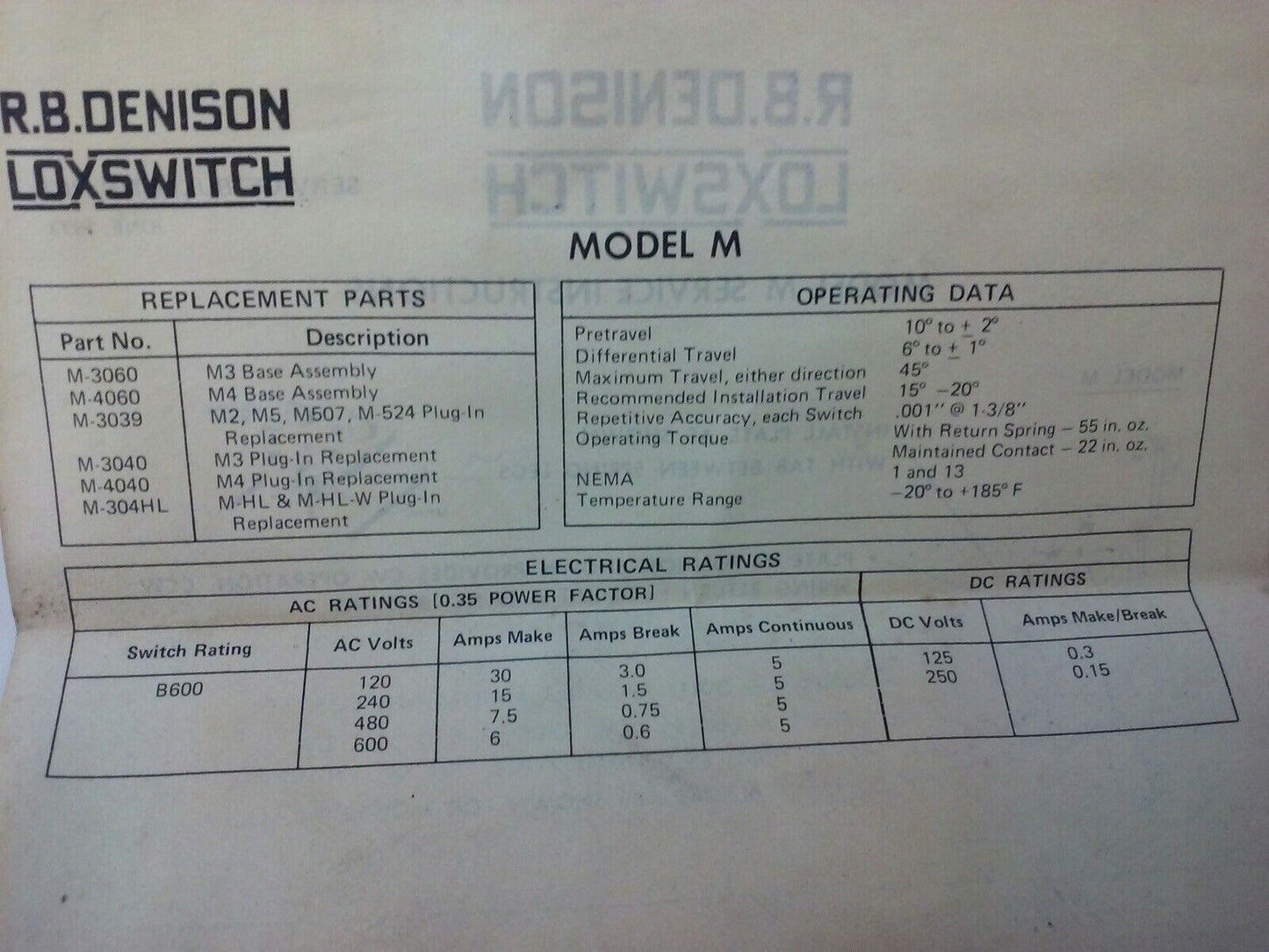 R.B.DENISON M4040 SERIES D PRECISON LIMIT SWITCH, NEMA B600, 600V, 30A, MODEL M