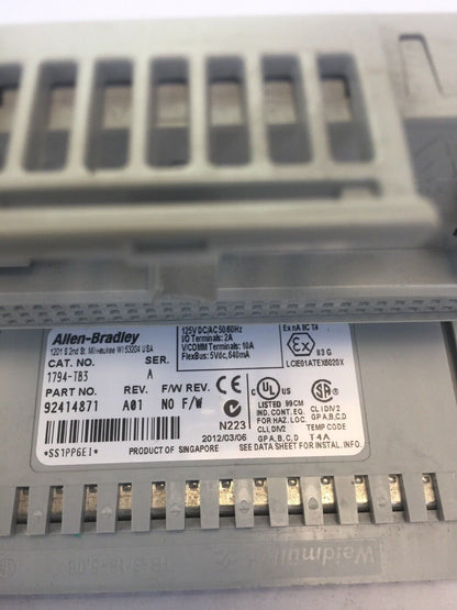 ALLEN BRADLEY 1794-TB3 FLEX I/O TERMINAL BLOCK SER A REV A01 5VDC 640mA NO F/W