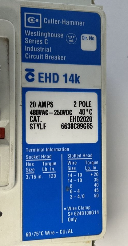 CUTLER HAMMER EHD2020 CIRCUIT BREAKER 20A 2POLE 480VAC