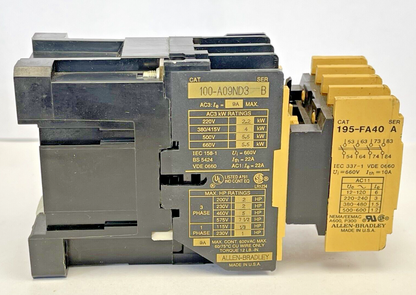 ALLEN BRADLEY - 100-A09ND3 B -CONTACTOR 9A, 600V, 120V COIL & 195-FA40 A -RELAY