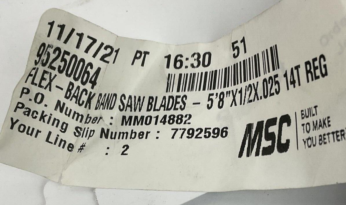 MSC 95250064 BACK BAND SAW BLADE 5'8"X1/2X.025 14T