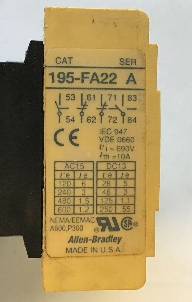 ALLEN BRADLEY 100-A38N*3 CONTACTOR SER.C  W/ 195-FA22 RELAY SER.A