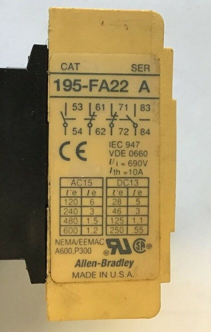 ALLEN BRADLEY 100-A38N*3 CONTACTOR SER.C  W/ 195-FA22 RELAY SER.A