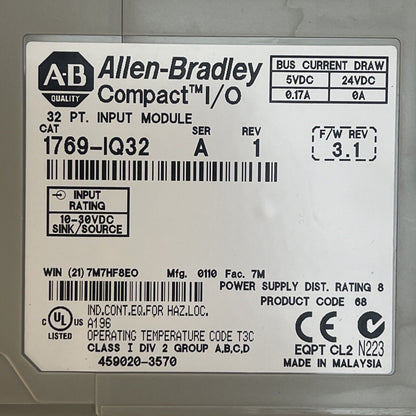 ALLEN BRADLEY 1769-IQ32 COMPACT I/O 32 PT INPUT MODULE SER A REV 1 F/W REV 3.1