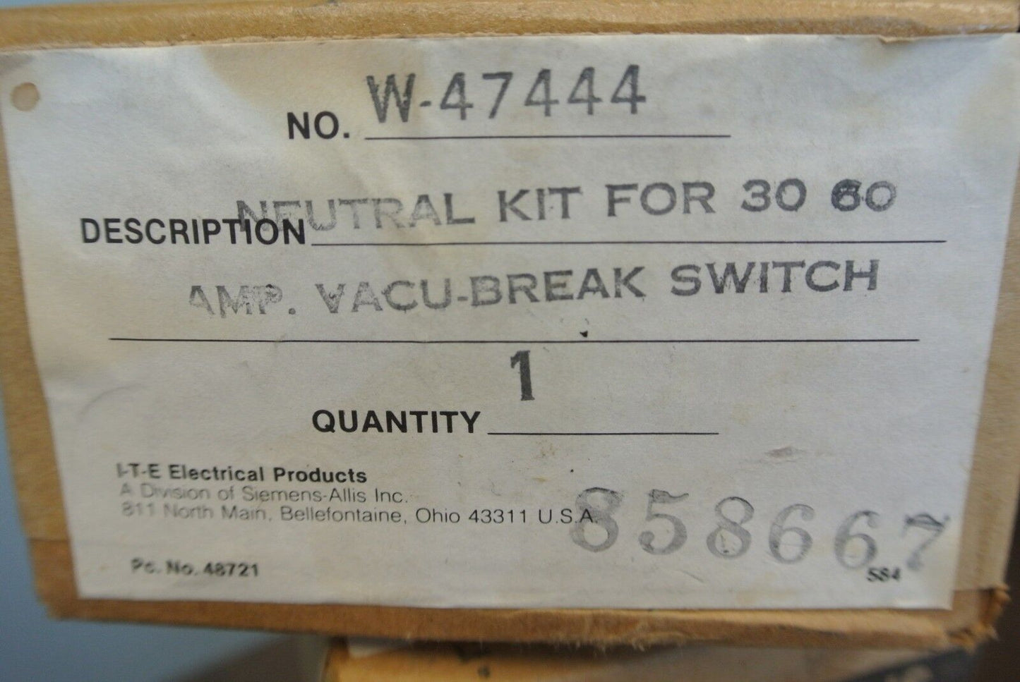 I-T-E W-47444 NEUTRAL KIT for 30 60 AMP VACU-BREAK SWITCH - NEW SURPLUS