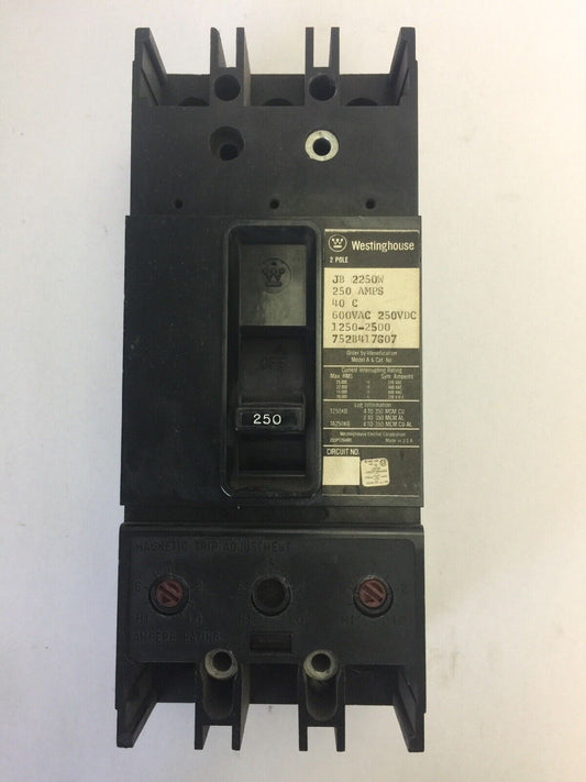 WESTINGHOUSE JB2250W CIRCUIT BREAKER 250AMPS 600VAC 250VDC 2 POLE