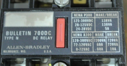 ALLEN-BRADLEY 700DC-N200Z1 TYPE N DC RELAY 115-125VDC, 2 N.O. - NEW SURPLUS