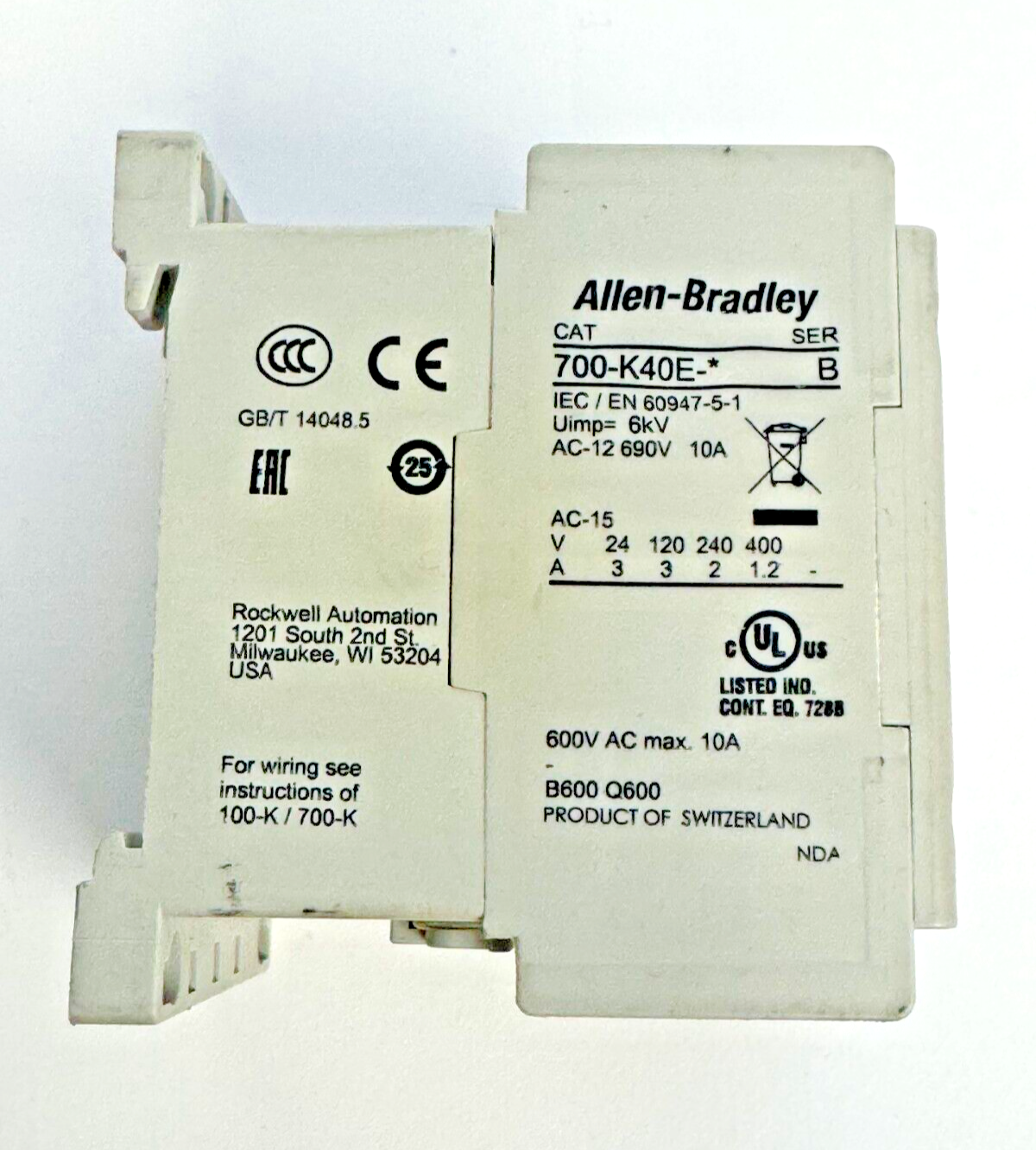 ALLEN-BRADLEY - 700-K40E-* SER. B - CONTROL RELAY - 600 VAC, 10 A, 24 VDC COIL