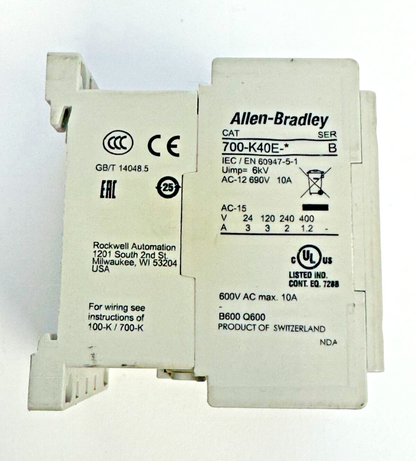 ALLEN-BRADLEY - 700-K40E-* SER. B - CONTROL RELAY - 600 VAC, 10 A, 24 VDC COIL