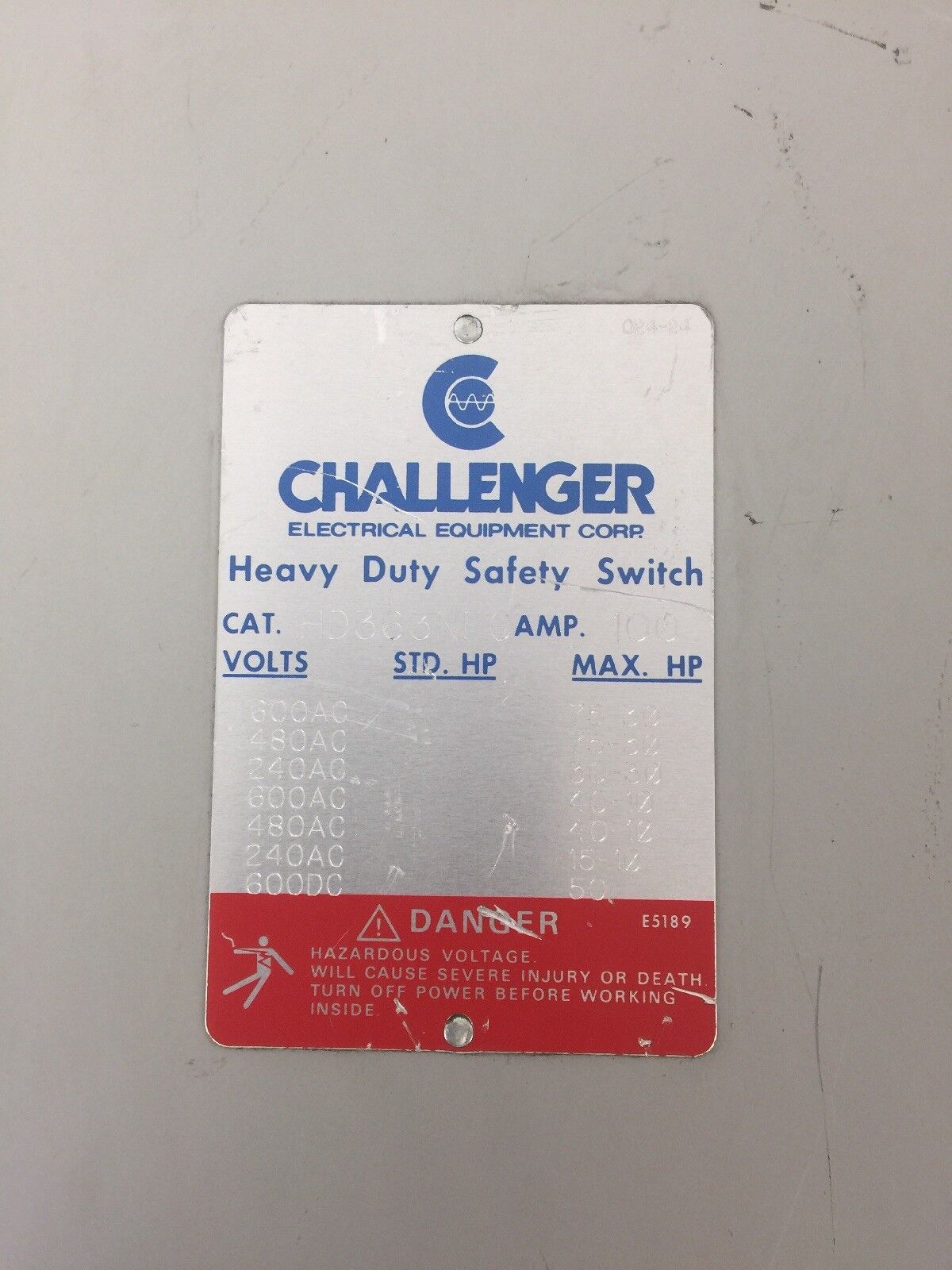 CHALLENGER HD363NFC HD SAFETY SWITCH 600VAC/DC 100AMP 75HP TYPE 1 ENCLOSURE