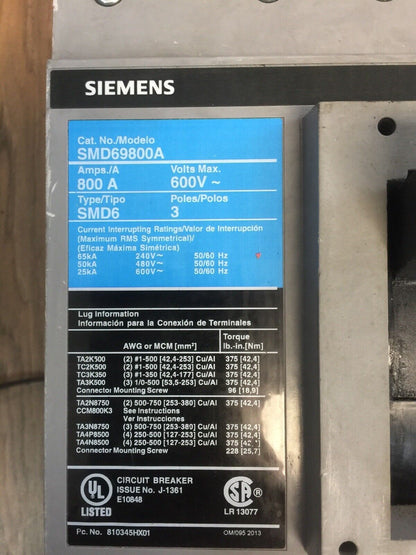 SIEMENS SMD69800A SENSITRIP III ELECTRONIC CIRCUIT BREAKER 800A 600VAC 3 POLE