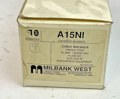 WADSWORTH A15NI CIRCUIT BREAKER 1POLE 15A 120/240VAC ****LOTOF9****