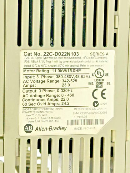 ALLEN-BRADLEY - 22C-D022N103 SER. A FRN 5.03 - POWERFLEX 400 - OUTPUT 0-460VAC