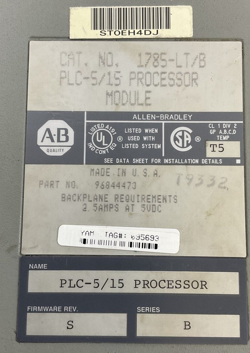 ALLEN BRADLEY 1785-LT/B PROCESSOR MODULE FIRM.S SER.B 2.5A 5VDC