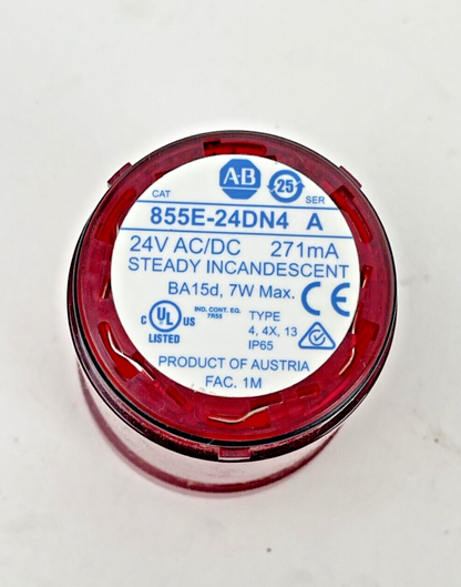 ALLEN BRADLEY - 855E-24DN4 - Ser. A - RED INCANDESCENT STEADY LIGHT - 24 VAC/VDC