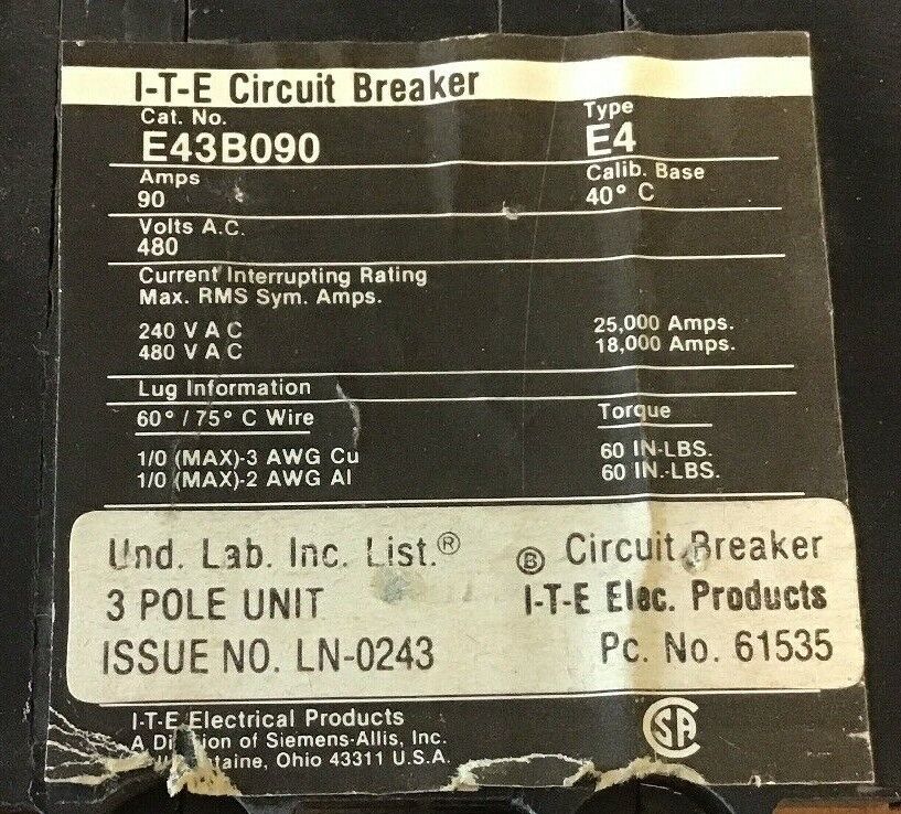 ITE E43B090 CIRCUIT BREAKER 90AMPS, 480VOLTS, 3POLE, TYPE: E4