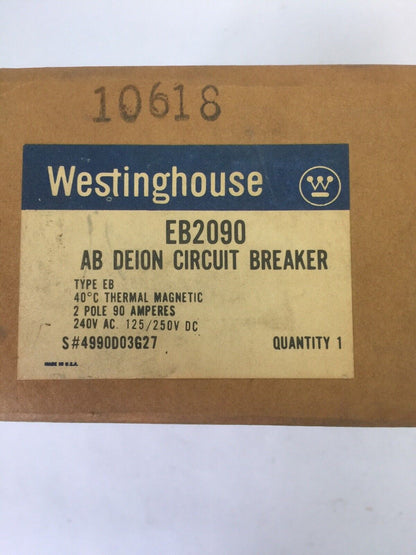 WESTINGHOUSE EB2090 AB DEION CIRCUIT BREAKER 90AMP 240VAC 125/250VDC 2 POLE
