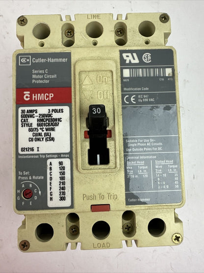 CUTLER HAMMER HMCP030H1C SER C 3P 30AMP 600VAC 250VDC 6601C87G07 MOTOR CIRCUIT