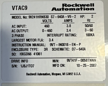 ROCKWELL AUTOMATION VTAC 9 HVAC DRIVE 9V241HRNB30 S7-640A-V9-2 460VAC 2HP 3PH