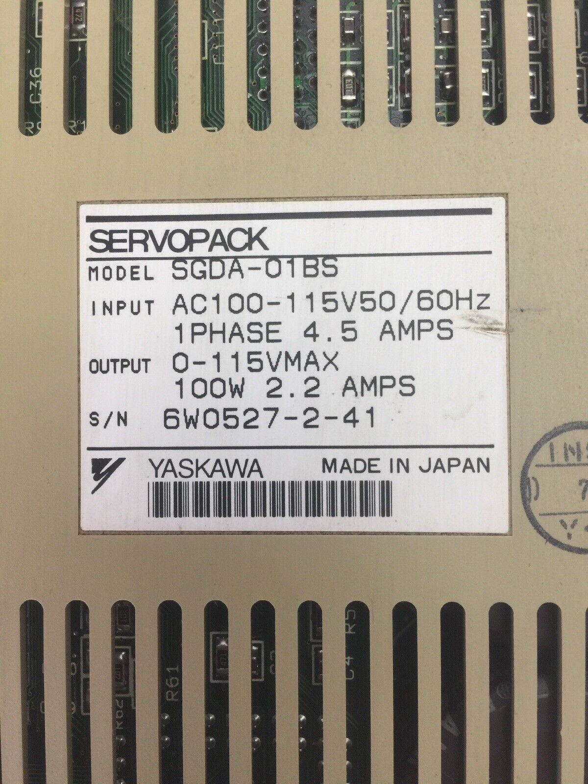 YASKAWA SGDA-01BS SERVOPACK INPUT 100-115VAC 1PH 4.5A OUTPUT 0-115V 100W 2.2AMPS