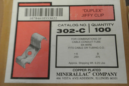 BOX of 100 MINERALLAC 302-C DUPLEX JIFFY CLIP .250 O.D. & .375 O.D. NEW SURPLUS