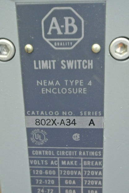 ALLEN-BRADLEY 802X-A34 WATERTIGHT LIMIT SWITCH / 24-600VAC / NEW SURPLUS