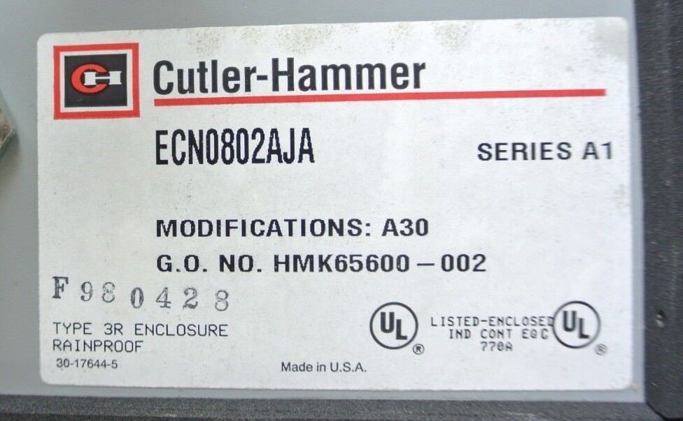 CUTLER-HAMMER ECN0802AJA - NEMA FREEDOM STARTER, 1-PH, 120V COIL NEW SURPLUS