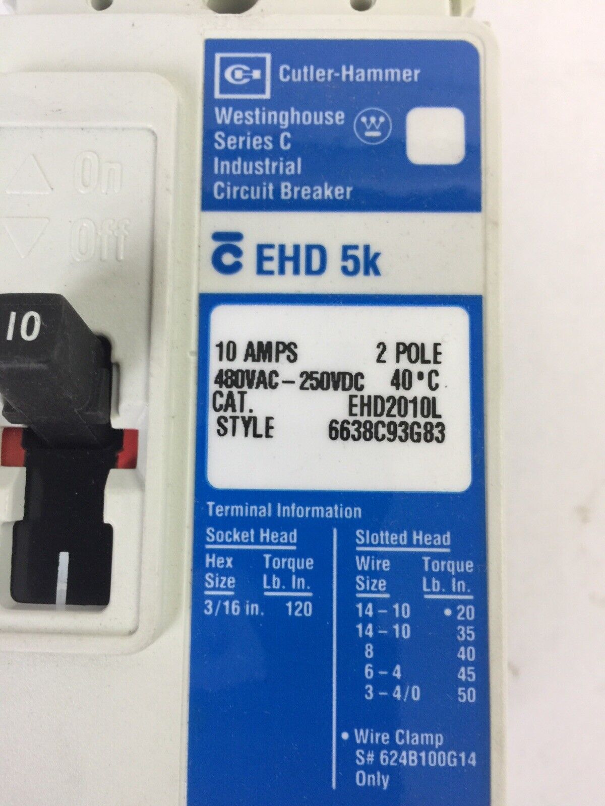 CUTLER HAMMER EHD2010L CIRCUIT BREAKER 10AMP 480VAC 250VDC 2POLE SER C