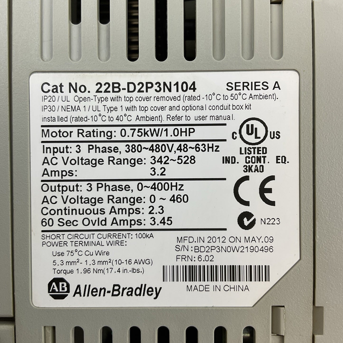 ALLEN BRADLEY 22B-D2P3N104 SER A FRN 6.02 AC DRIVE 0.75kW/1.0HP OUTPUT 0-460VAC