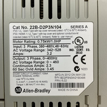 ALLEN BRADLEY 22B-D2P3N104 SER A FRN 6.02 AC DRIVE 0.75kW/1.0HP OUTPUT 0-460VAC