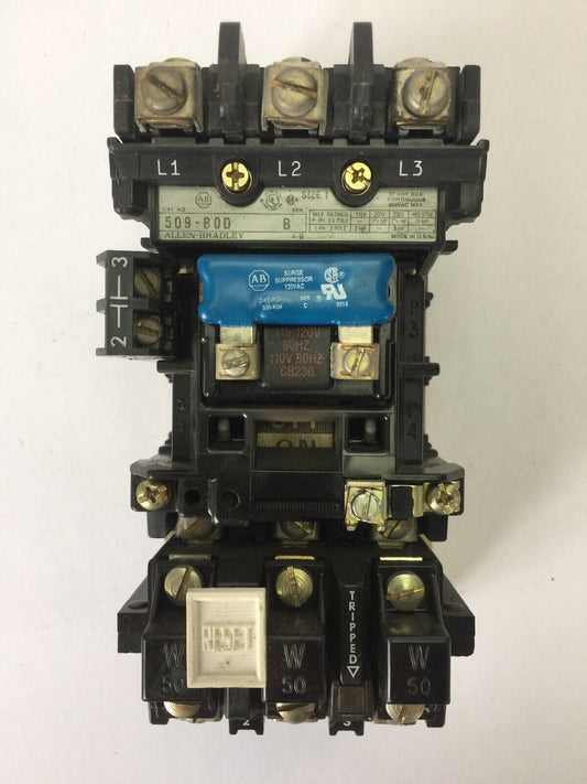 ALLEN BRADLEY 509-B0D SIZE 1 STARTER 600VAC 27AMP 10HP W50 HEATERS 120V COIL