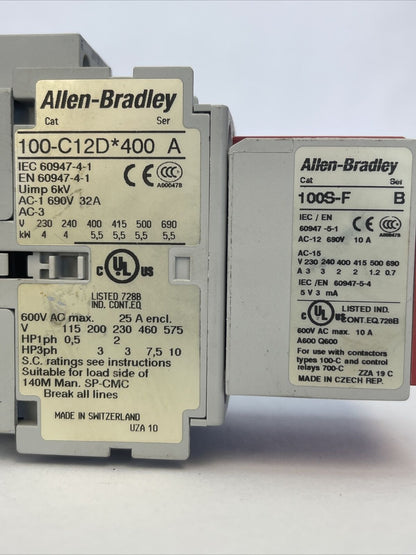 ALLEN BRADLEY 100S-C12DJ404BC CONTACTOR 600VAC 10HP (100-C12D*400 + 100S-F)24VDC