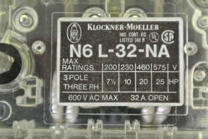 KLOCKNER-MOELLER N6L-32-NA / CIRCUIT INTERRUPTER 600V, 32A, 3-POLE / NEW SURPLUS