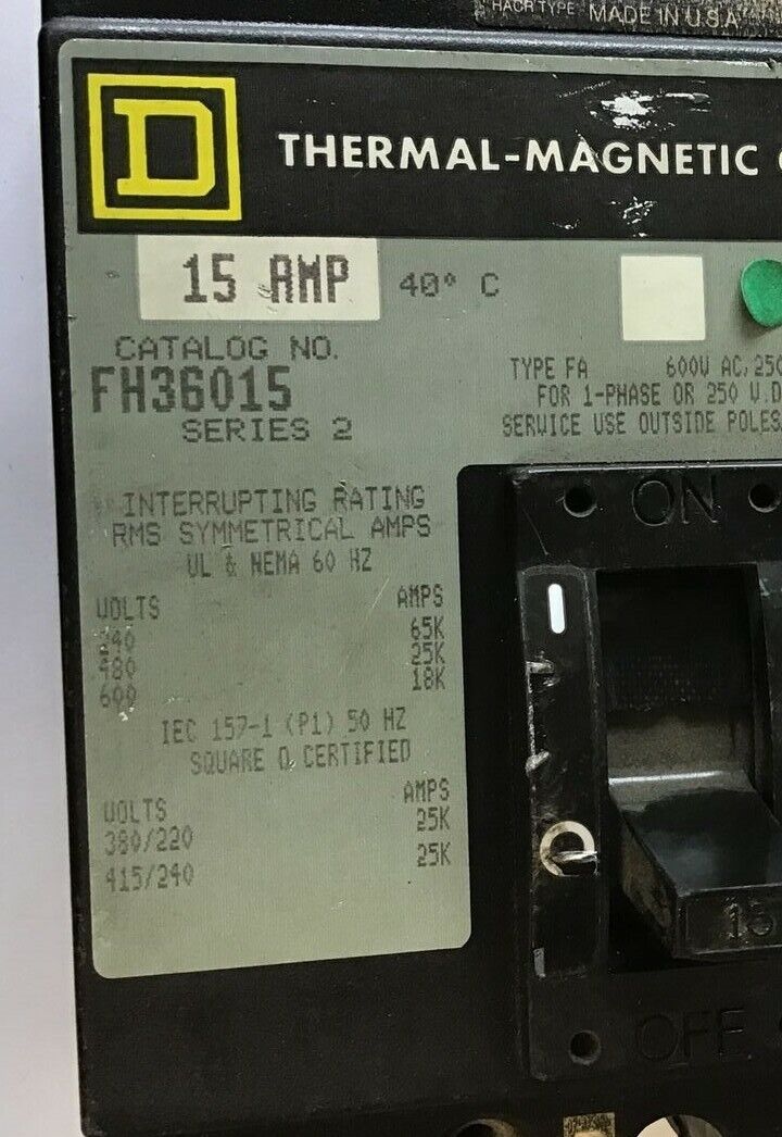 SQUARE D FH36015 CIRCUIT BREAKER 15A 600VAC