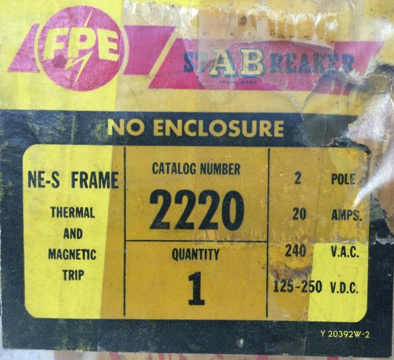 FPE 2220 CIRCUIT BREAKER NE-S FRAME 2POLE 20A 240VAC 125-250VDC FEDERAL PACIFIC